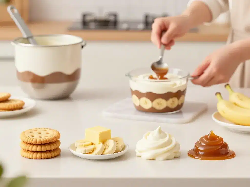 Etapes recette banoffee avec ingrédients sur plan