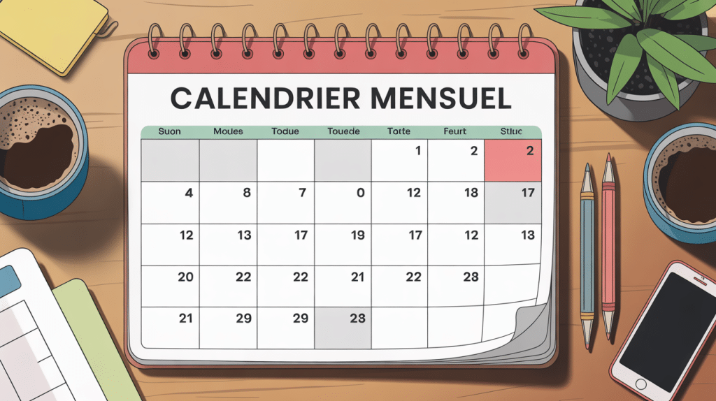 calendrier mensuel stylisé sur bureau avec accessoires