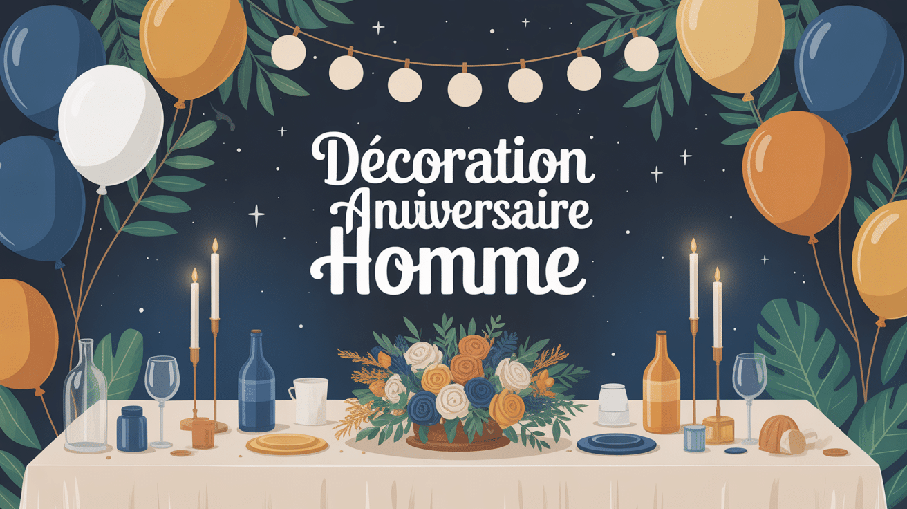 décoration anniversaire homme scène festive table ballons guirlandes bleu or bois