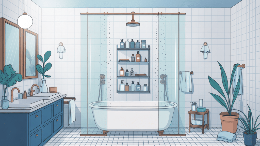 etagere douche bien organisée dans salle de bains