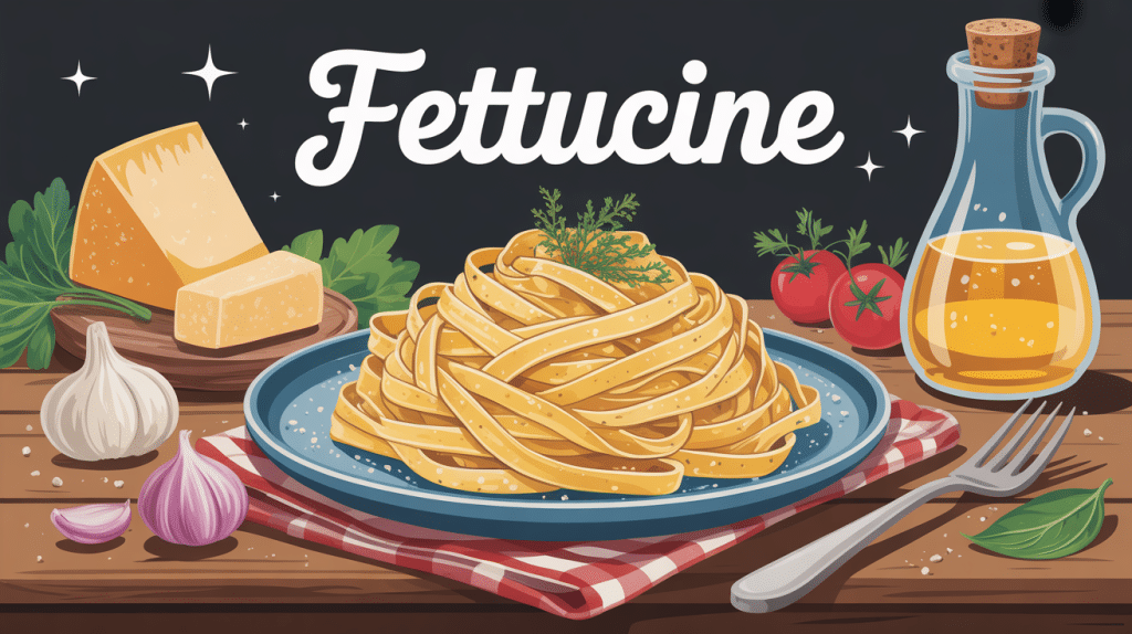 fettucine dorées sur table avec parmesan et herbes