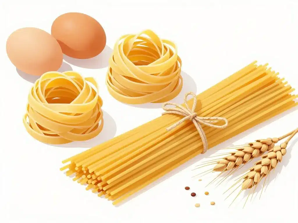 différents fettucine frais et secs avec œufs et blé