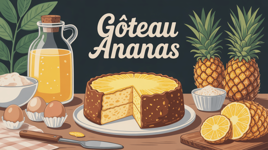 gateau ananas moelleux et caramelise sur table avec ingredients