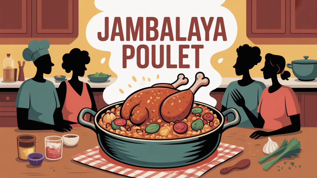illustration jambalaya poulet autour d'une table conviviale