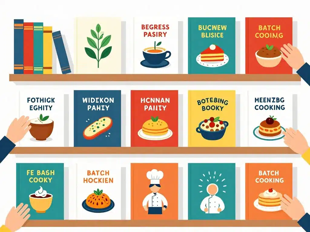 étagère avec différents types de livre de cuisine