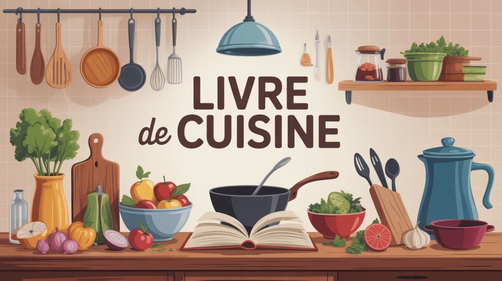livre de cuisine au centre du plan de travail entouré d'ingrédients