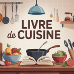 livre de cuisine au centre du plan de travail entouré d'ingrédients
