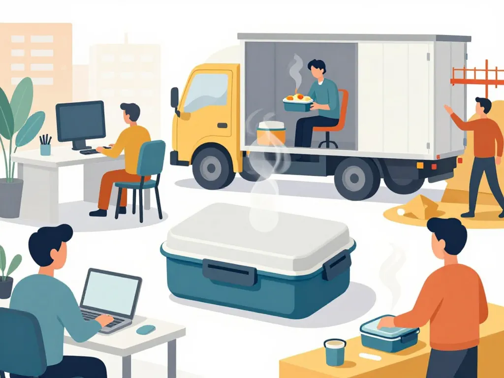 scène lunch box chauffante bureau camion chantier