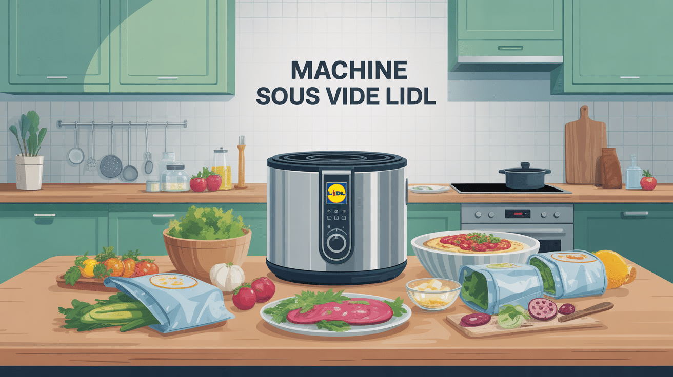 machine sous vide lidl entourée d'aliments emballés en cuisine familiale