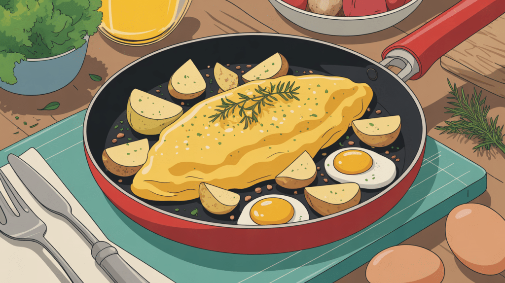 omelette pomme de terre dorée en poêle, vue rustique