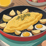 omelette pomme de terre dorée en poêle, vue rustique