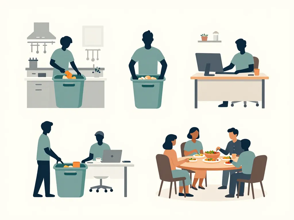 personnages utilisant poubelle de table quotidien