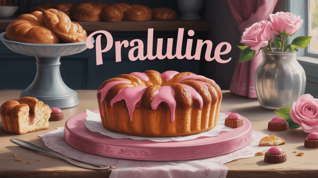 praluline brioche aux pralines roses sur plateau rustique
