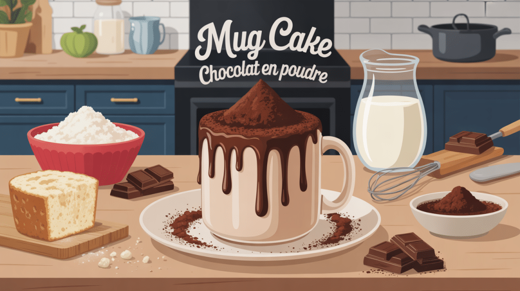 recette mug cake chocolat en poudre illustration vectorielle sur table