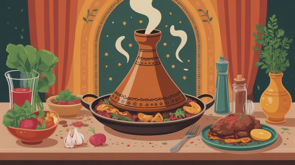 plat de tajine agneau sur table avec épices et légumes