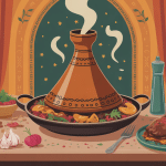 plat de tajine agneau sur table avec épices et légumes