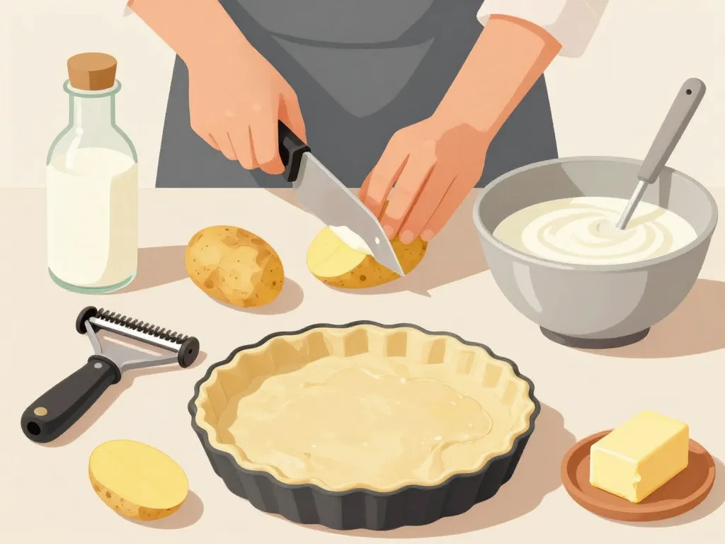 préparation tourte pomme de terre et ingrédients frais
