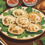 Assortiment de raviolis vietnamiens sur table avec herbes et sauce