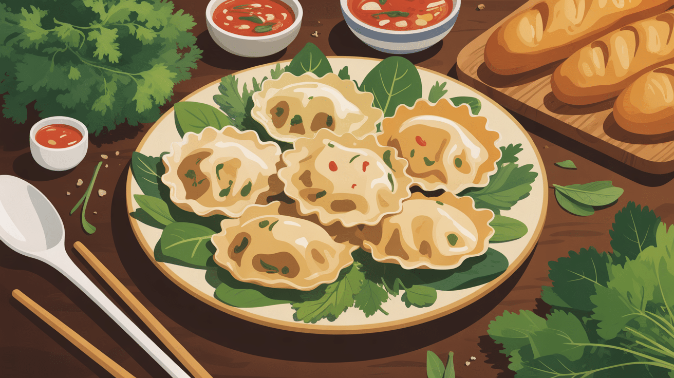 Assortiment de raviolis vietnamiens sur table avec herbes et sauce