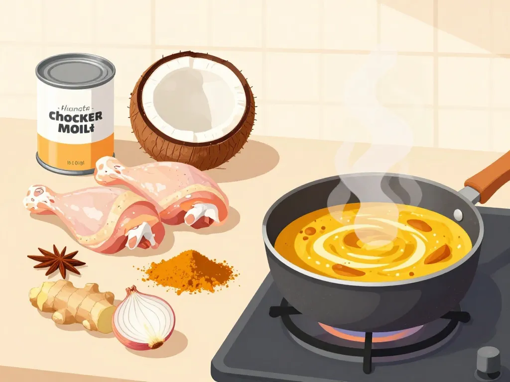ingrédients recette de poulet au curry et lait de coco et étapes clés en illustration