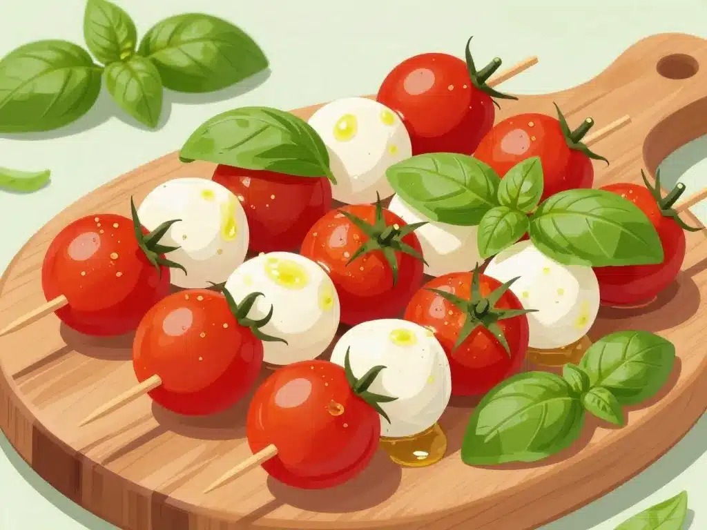 Brochettes tomate mozzarella classiques avec basilic et huile d’olive