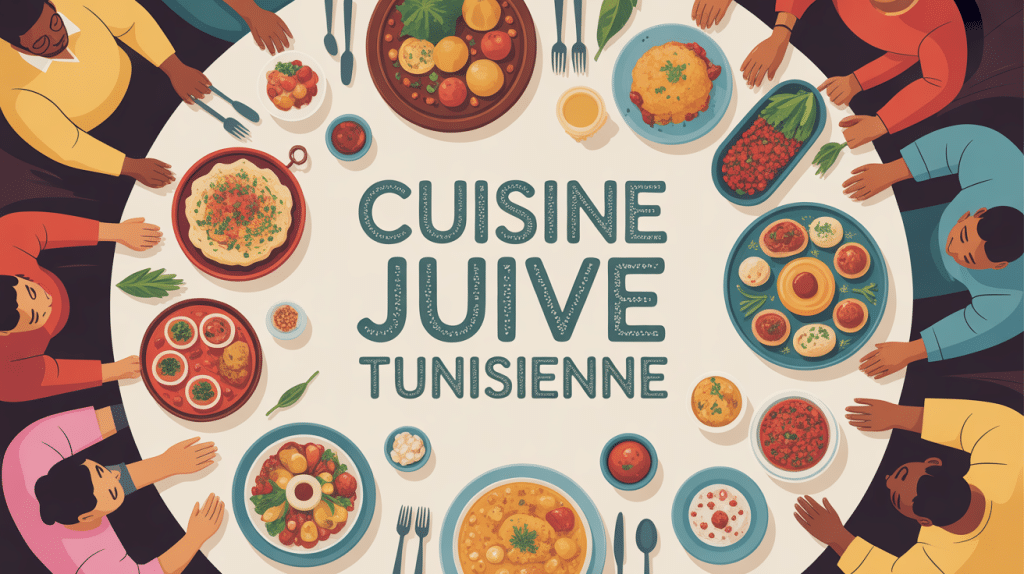 Grande table familiale avec plats de recette juive tunisienne
