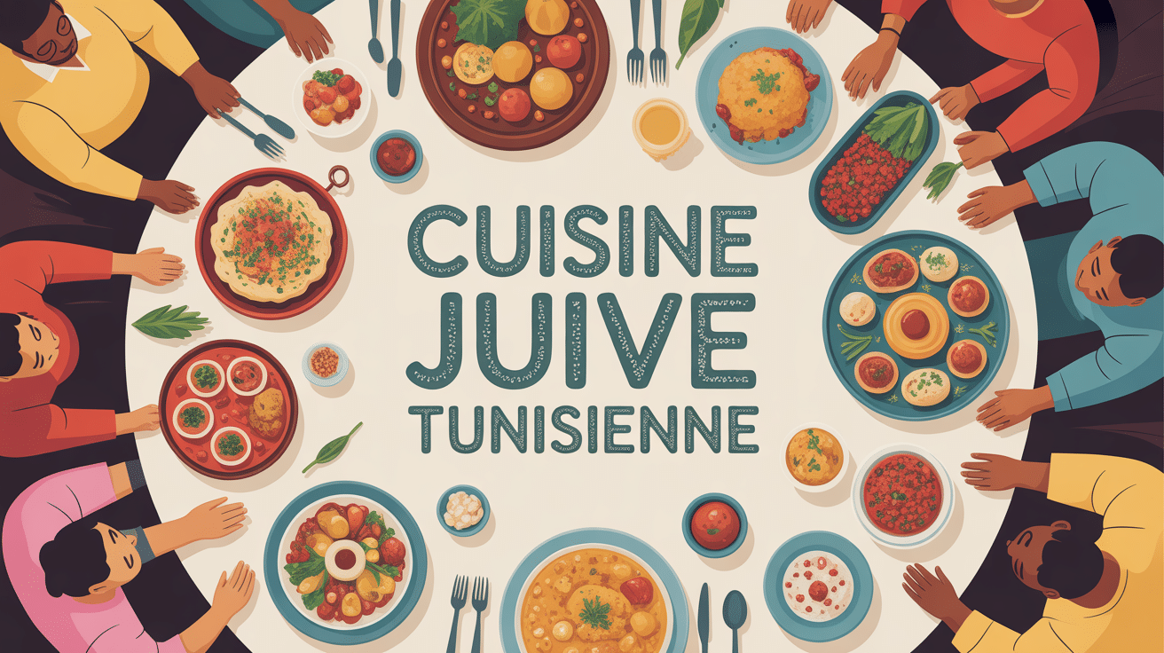 Grande table familiale avec plats de recette juive tunisienne