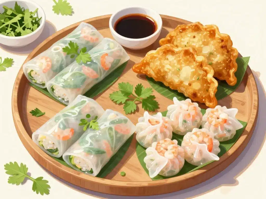 Quatre variétés de raviolis vietnamiens sur plat en bois