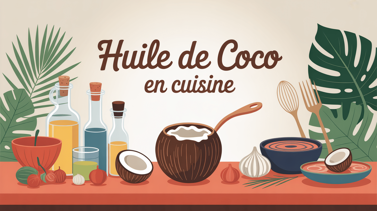 Guide visuel huile de coco cuisine table ingrédient