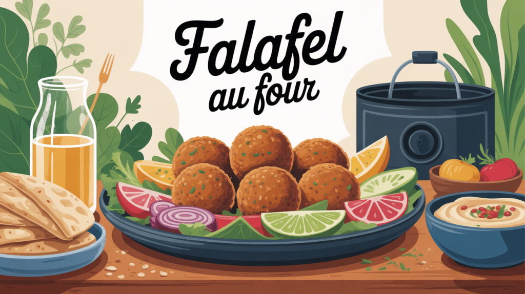 recette falafel au four, assiette complète sortie du four avec houmous et crudités