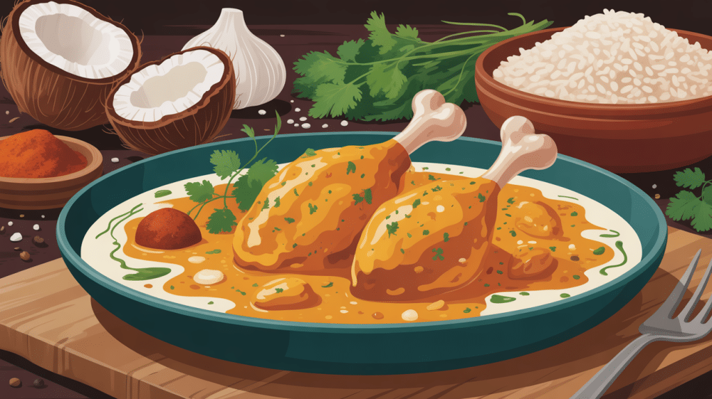 recette de poulet au curry et lait de coco dans un plat illustré