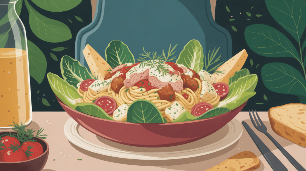 Salade de pates au poulet cesar présentée dans un saladier