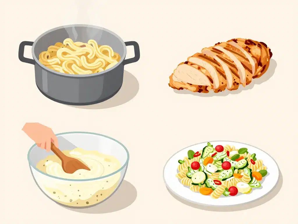 Etapes préparation salade de pates au poulet cesar visuel