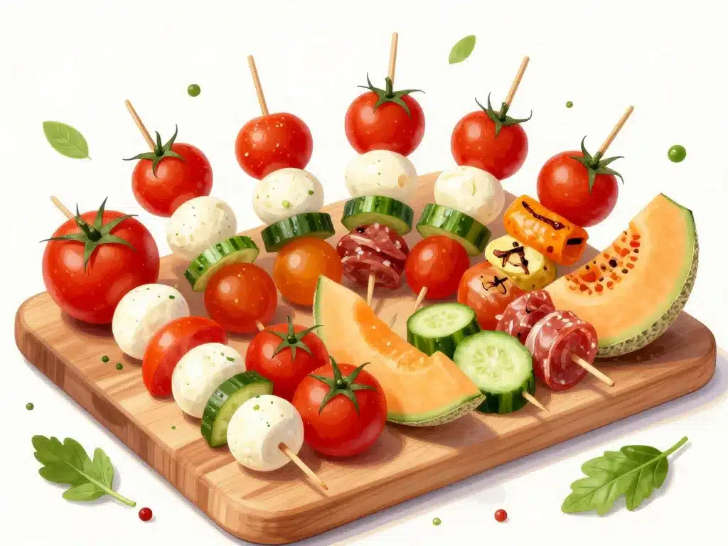 Brochettes tomate mozzarella originales avec légumes et charcuterie