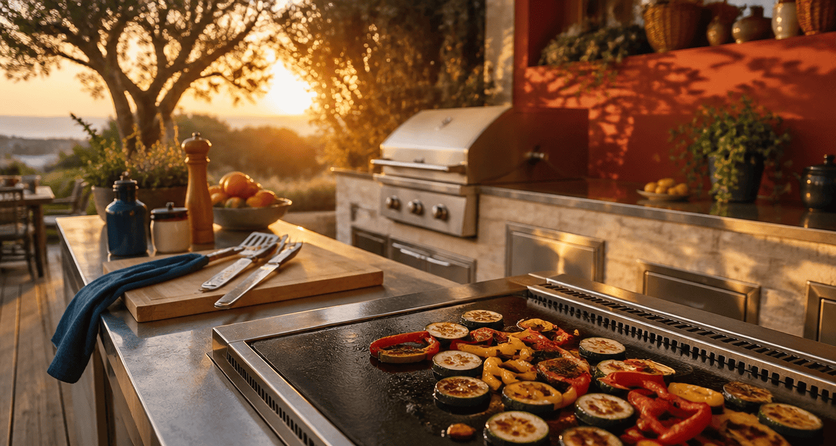 barbecue cuisine extérieure sur terrasse bois