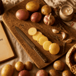 1 kg de pommes de terre sur planche avec recettes et ingrédients