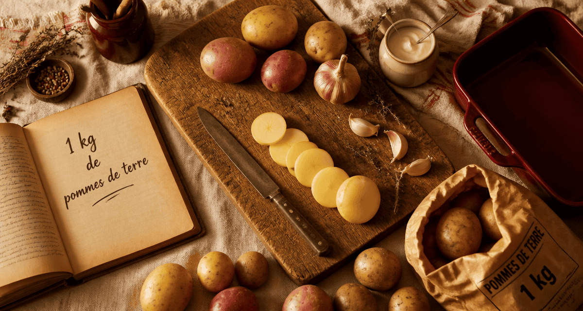 1 kg de pommes de terre sur planche avec recettes et ingrédients