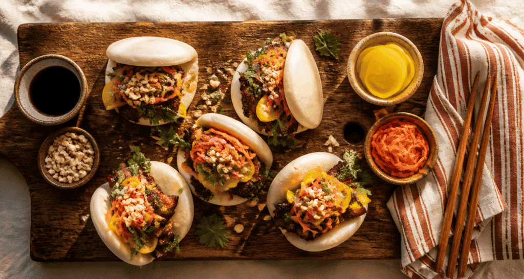 Bao bun maison garni de porc caramélisé et pickles