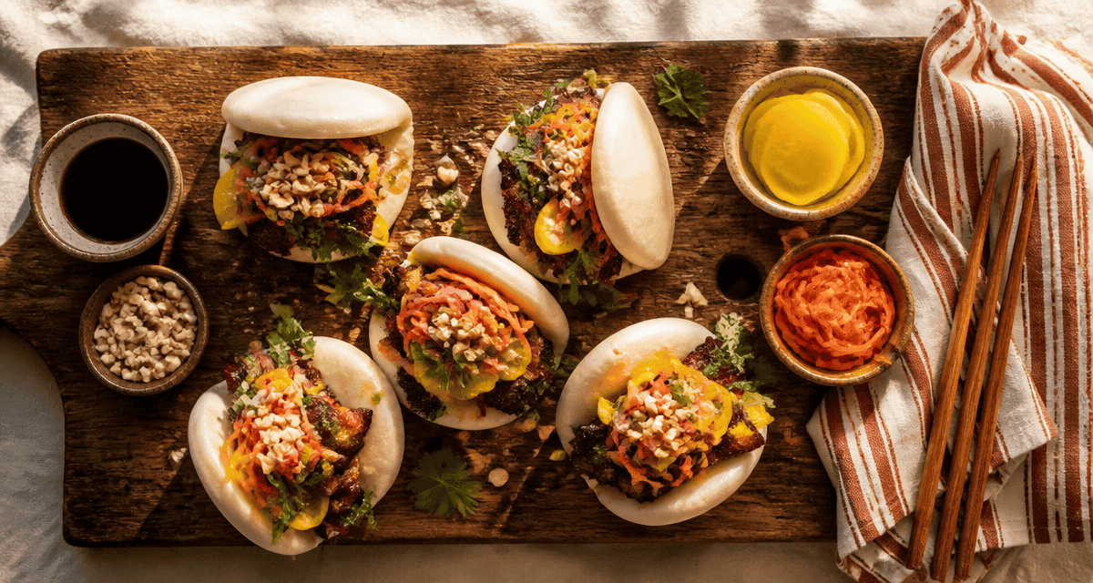 Bao bun maison garni de porc caramélisé et pickles