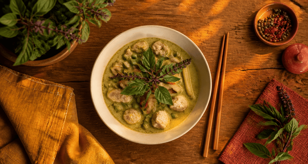 curry vert au basilic thaï sur plan de travail