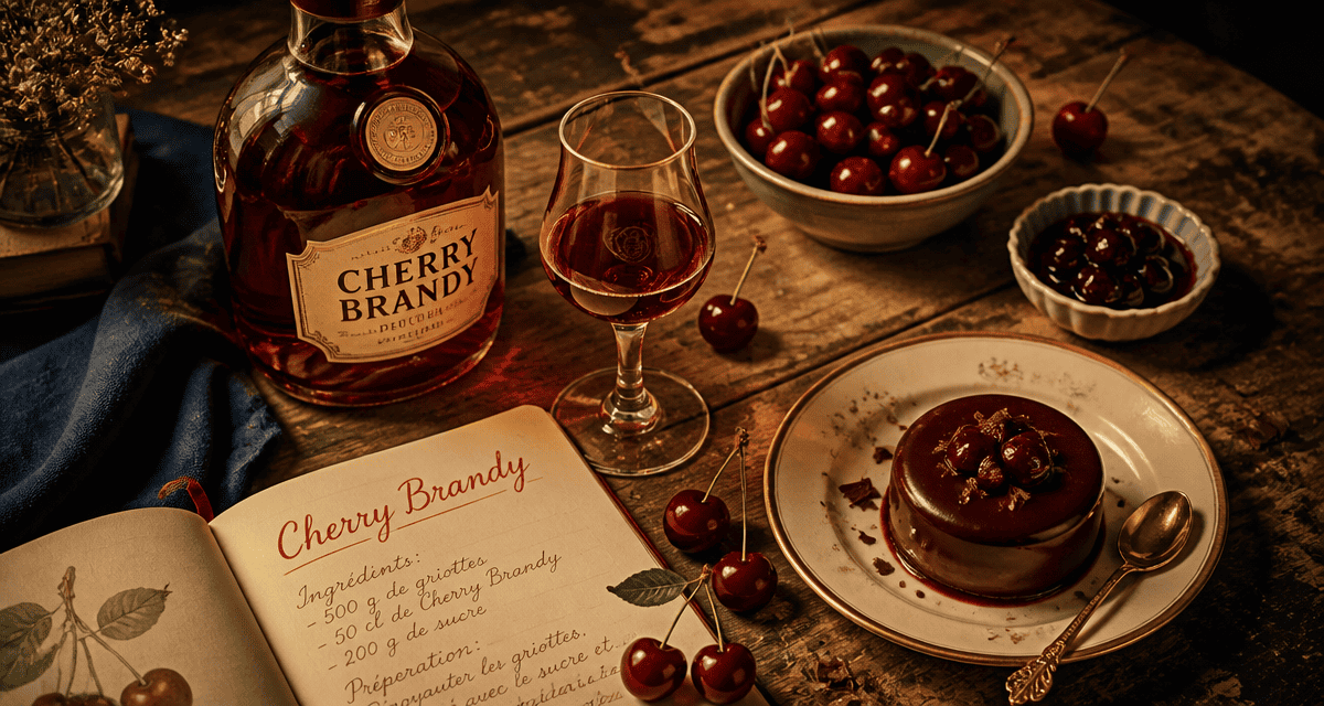 cherry brandy liqueur sur table avec cerises et chocolat