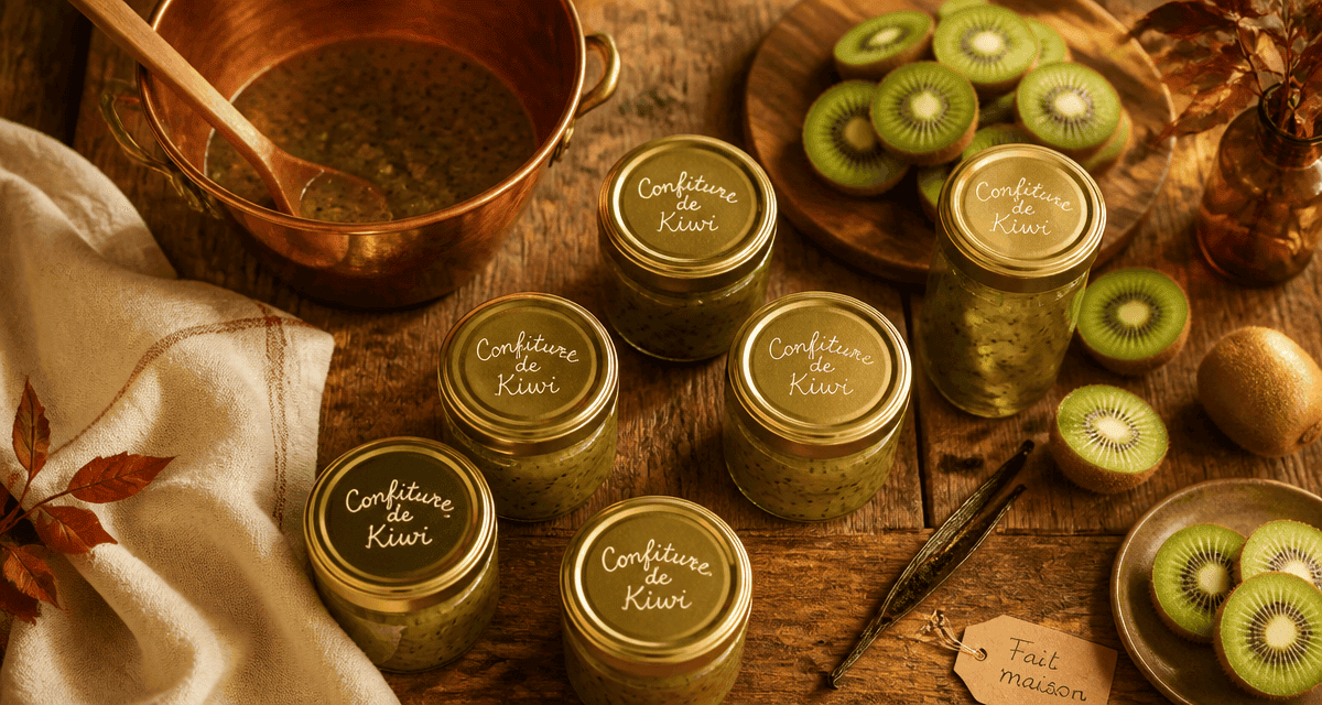 pots confiture de kiwi de grand-mère sur table