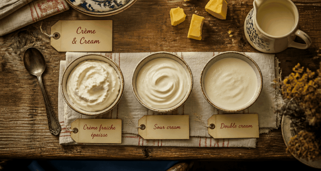cream creme fraiche sour cream double cream en bols