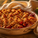 Crumble fraise framboise maison sur table rustique