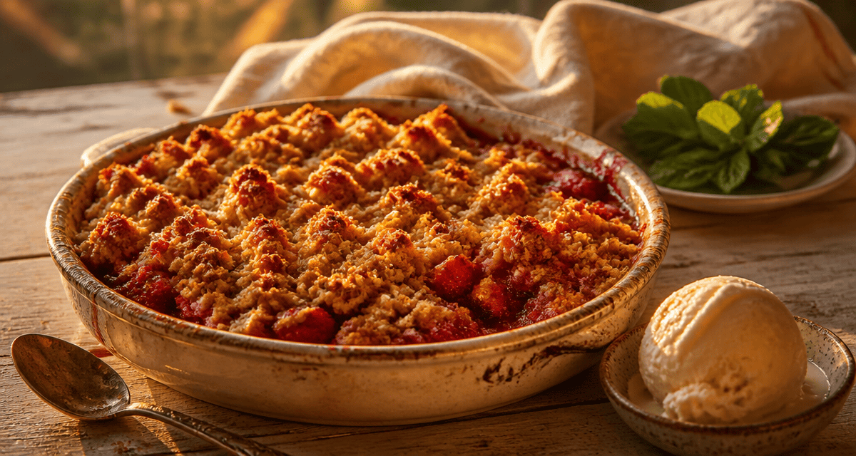 Crumble fraise framboise maison sur table rustique