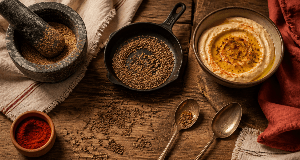 cumin food graines torréfiées et houmous