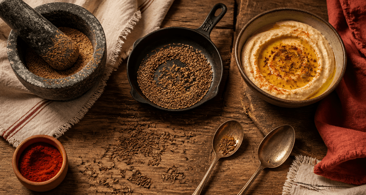 cumin food graines torréfiées et houmous