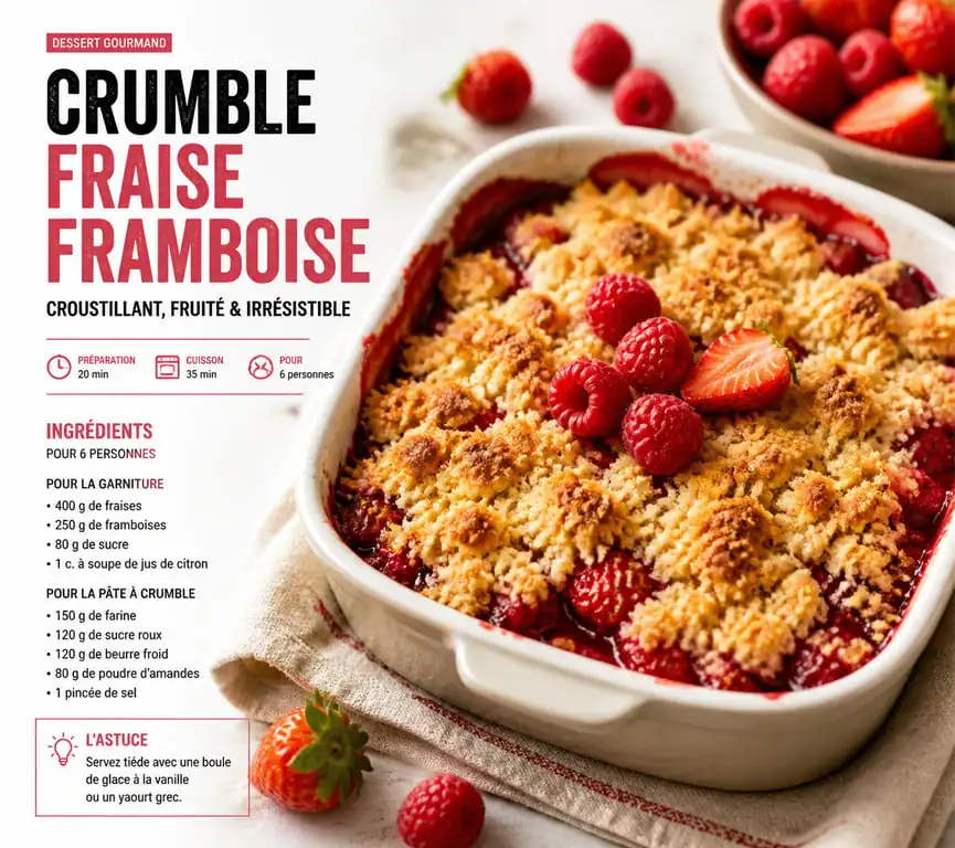 Crumble fraise framboise doré et croustillant dans un plat à gratin