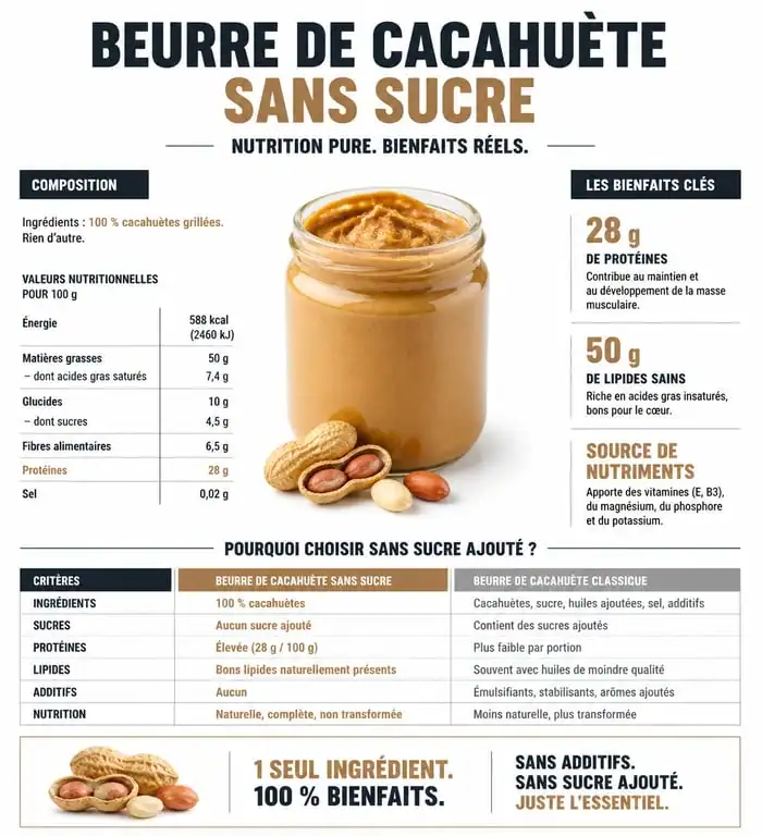 Infographie des bienfaits nutritionnels du beurre de cacahuète sans sucre ajouté