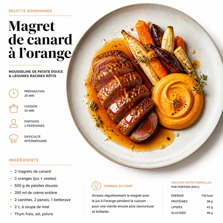Assiette de magret de canard à l'orange et son accompagnement de mousseline de patate douce